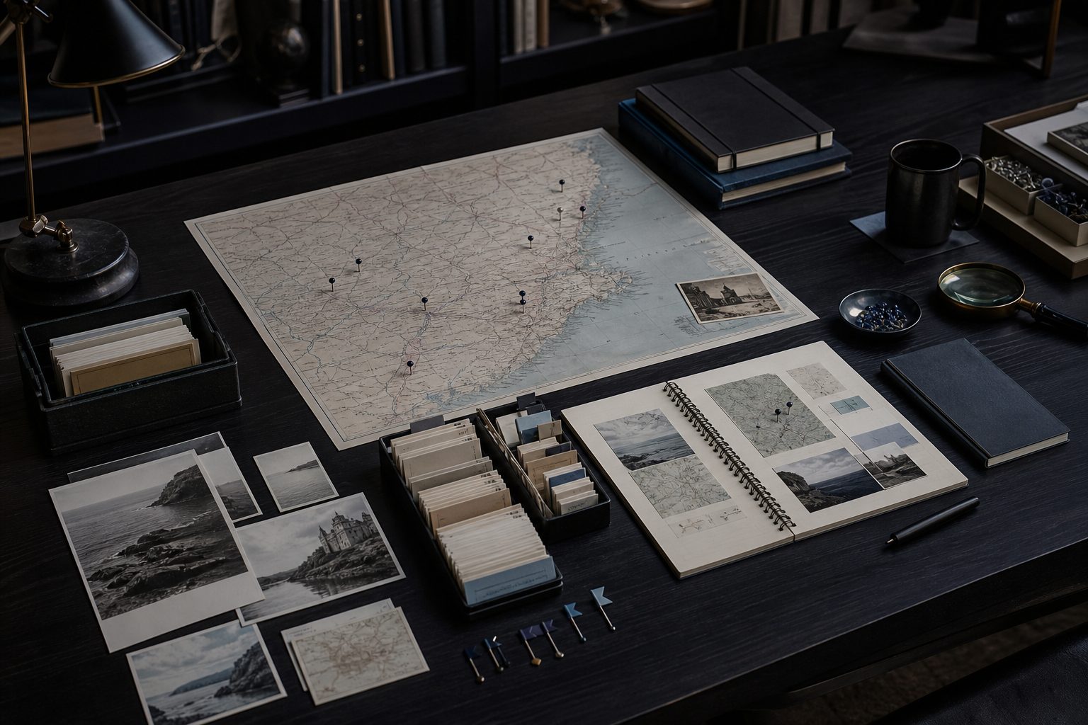 Organized research workspace with a map, archival cards, photographs, notebooks, and location markers
